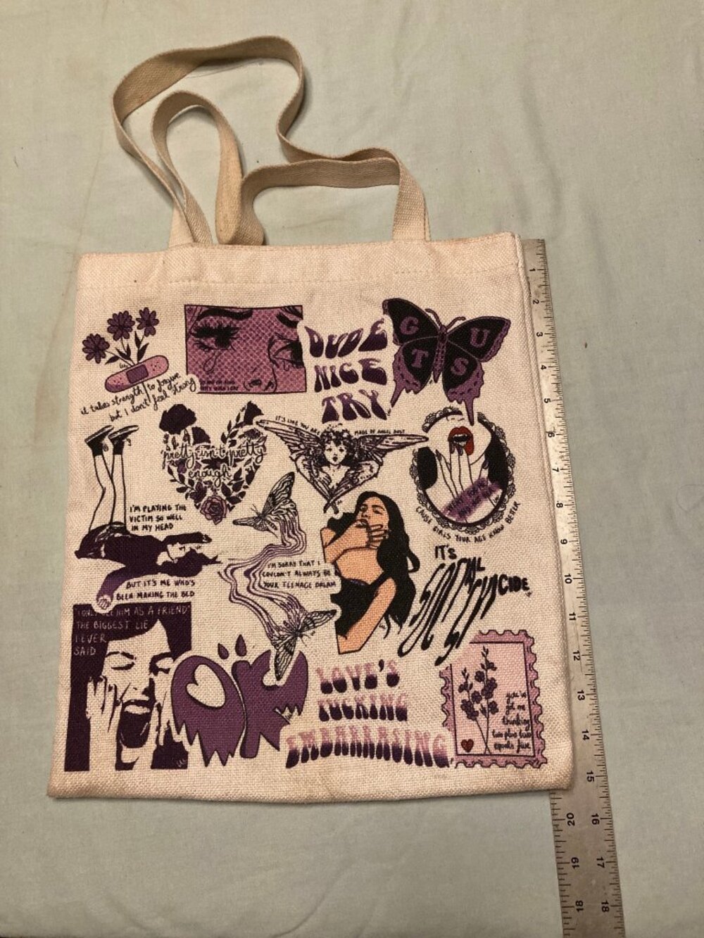 Olivia Rodrigo GUTS Collage Tote Bag Canvas Purple Butterfly Lyrics Fan